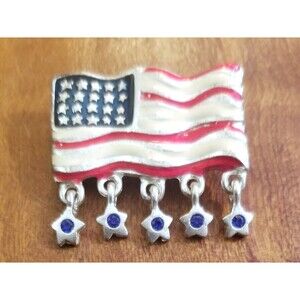 Vintage AJMC American Flag Enamel Brooch With Dangling Stars 1.5"x1.25"